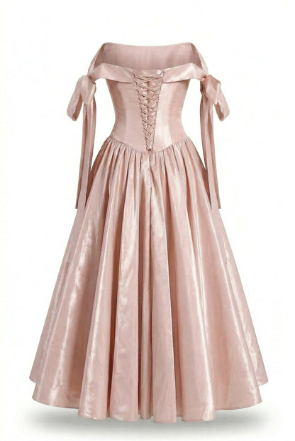 MISTY ROSE TAFFETA CORSET MIDI DRESS
