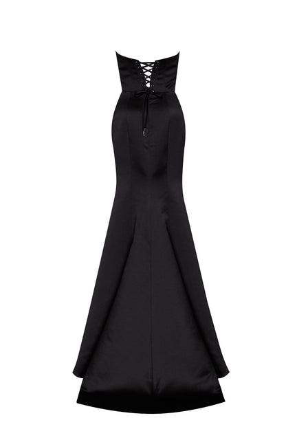 BLACK STRAPLESS EVENING GOWN WITH THIGH SLIT