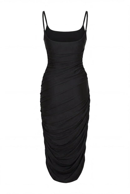 BLACK DRAPED MIDI DRESS