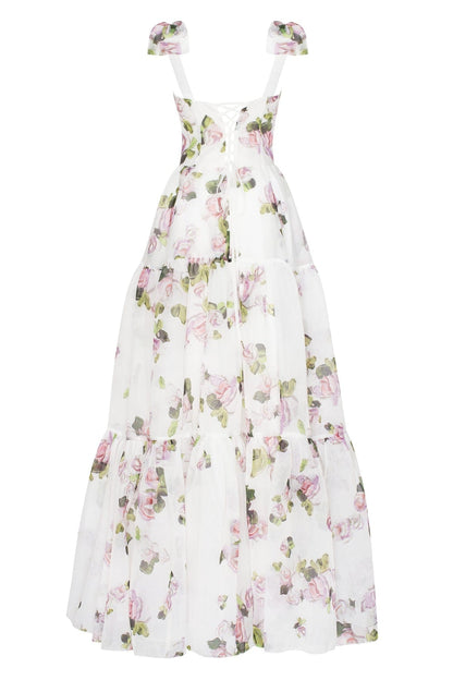 APPLE BLOSSOM TENDER FLORAL MAXI TIE-STRAP DRESS
