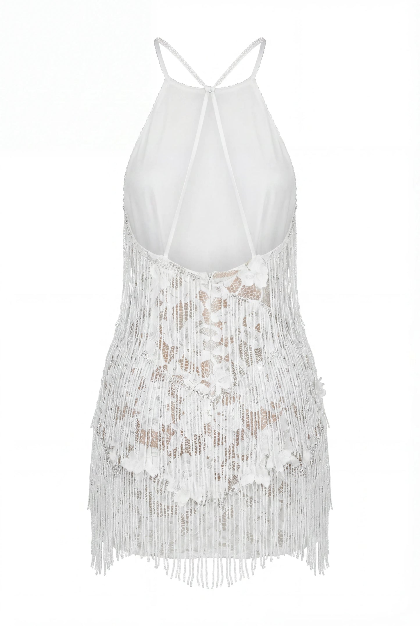 IVORY LACE MINI DRESS WITH BEADED FRINGE