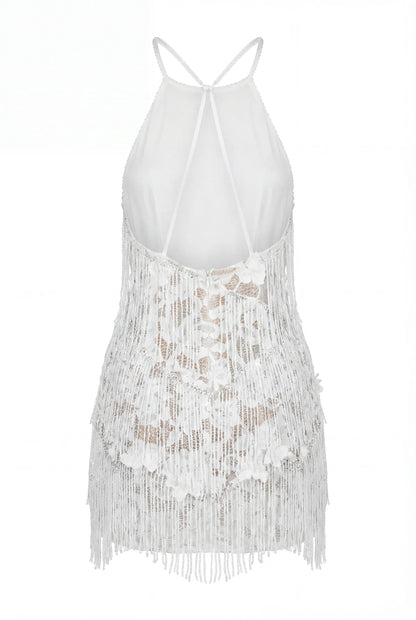 IVORY LACE MINI DRESS WITH BEADED FRINGE