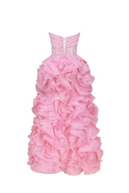 VOLUMINOUS ROSE APPLIQUES PINK MAXI DRESS, GARDEN OF EDEN