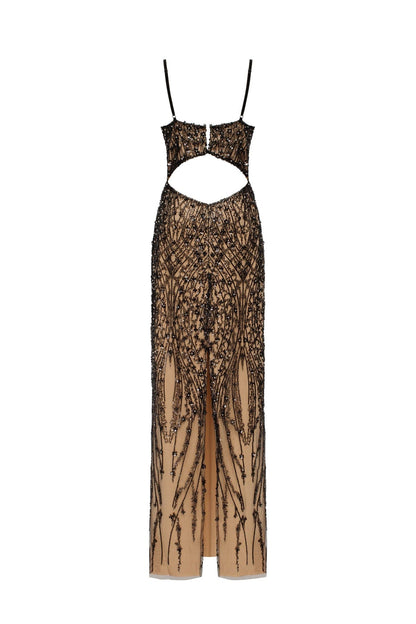 GALA-WORTHY BEIGE MAXI DRESS COVERED IN BLACK SEQUINED ORNAMENT, SMOKY QUARTZ