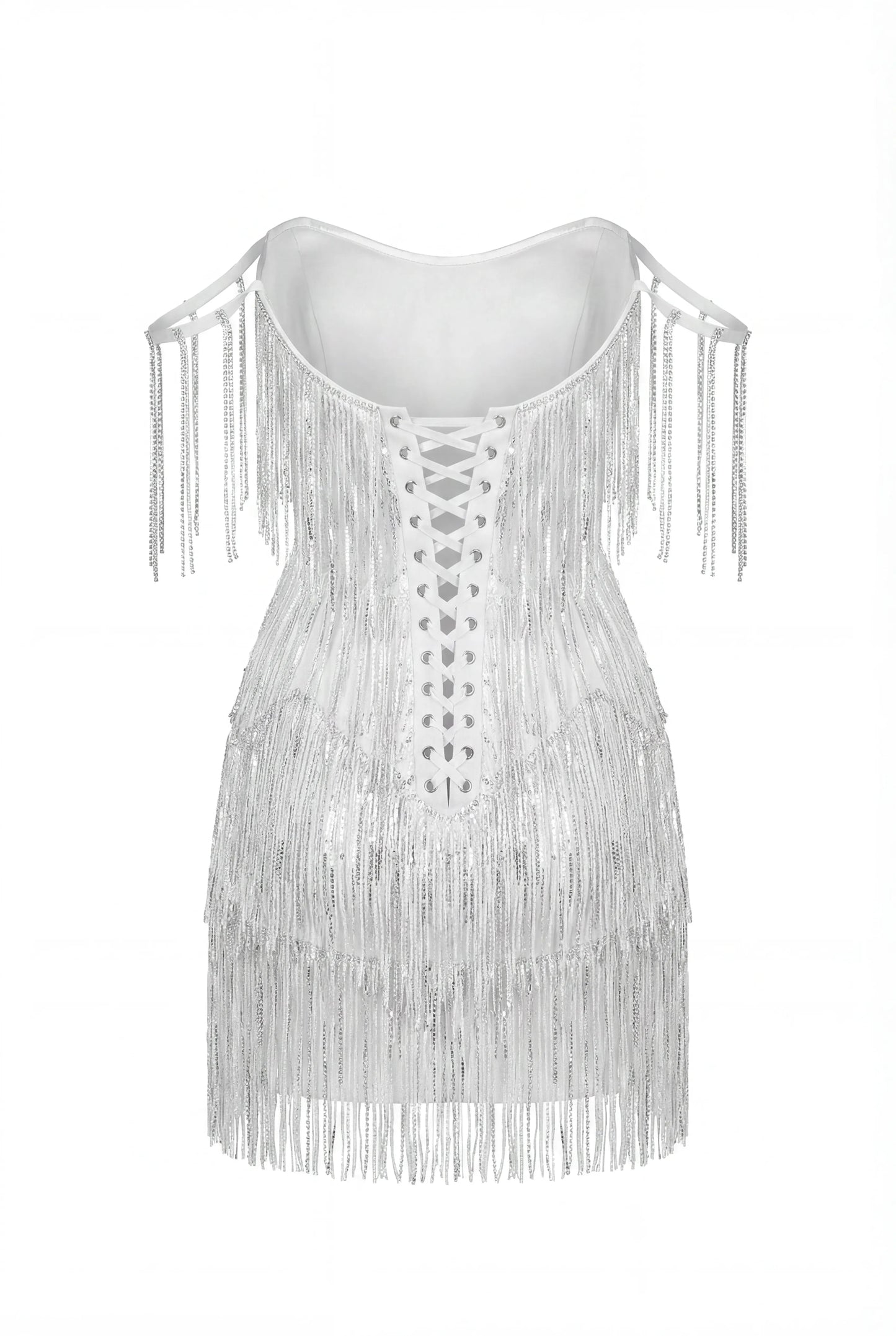 IVORY MINI DRESS WITH SILVER FRINGE