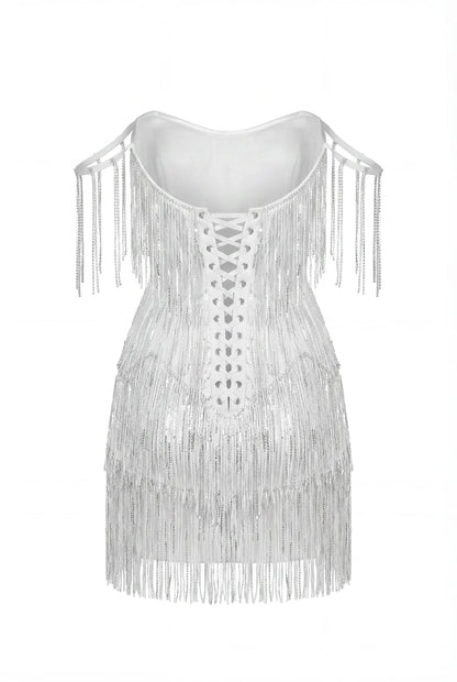 IVORY MINI DRESS WITH SILVER FRINGE