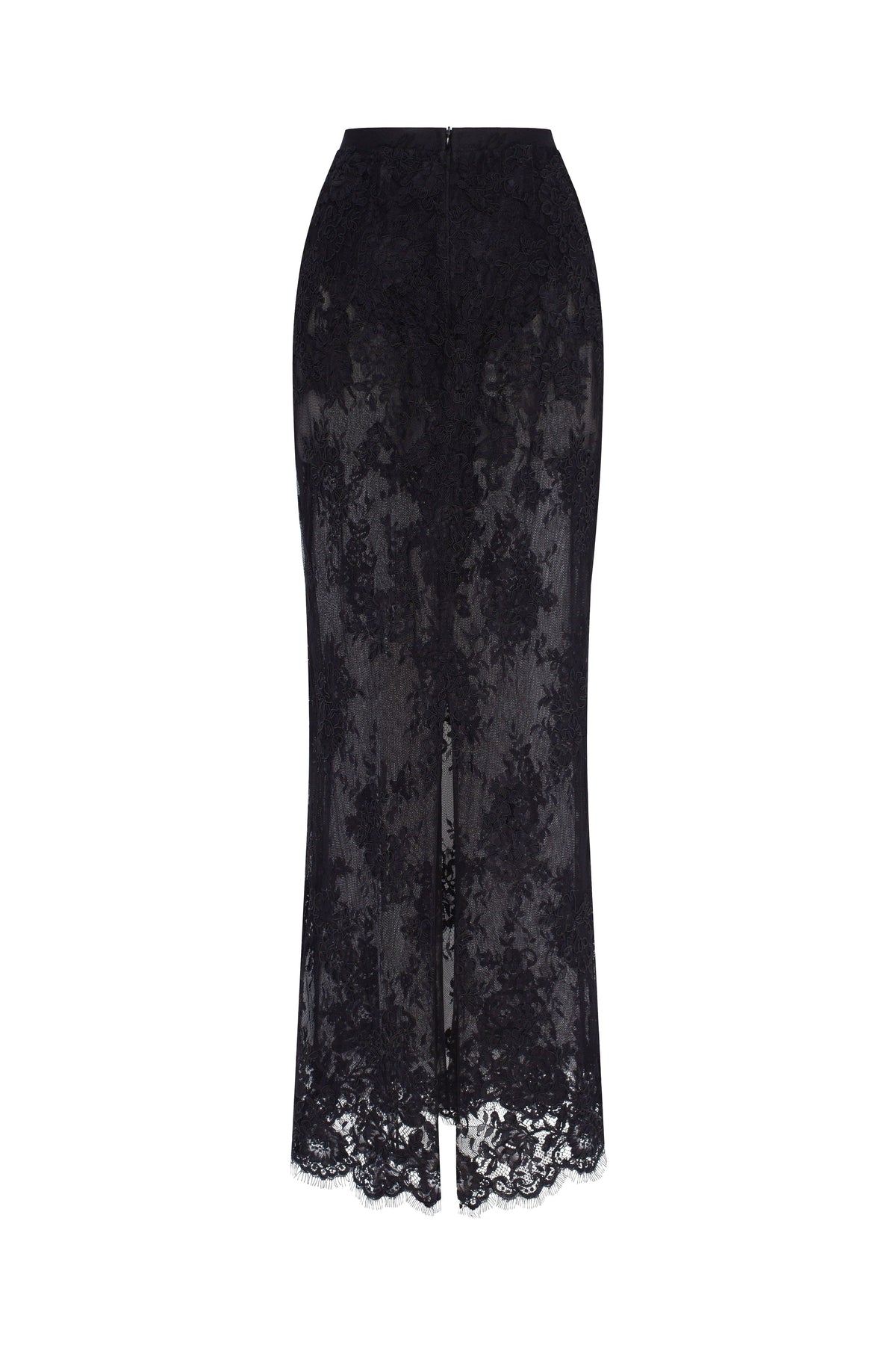SENSUAL SEMI-SHEER MAXI SKIRT CRAFTED FROM BLACK FLORAL LACE, PARISIENNE