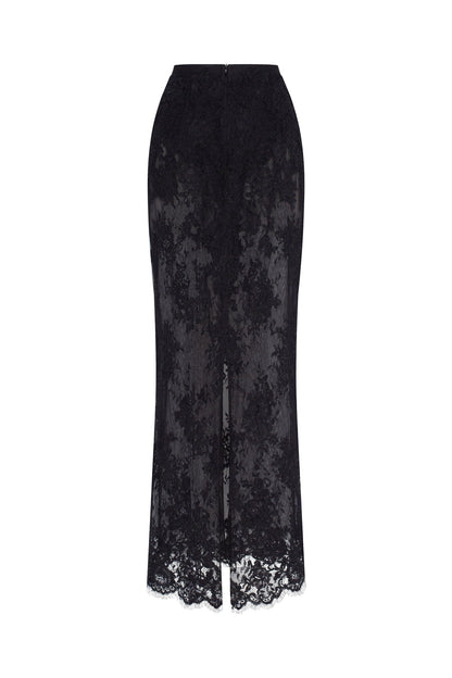 SENSUAL SEMI-SHEER MAXI SKIRT CRAFTED FROM BLACK FLORAL LACE, PARISIENNE