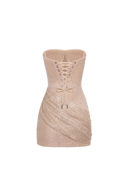 SPARKLING BEIGE MINI DRESS WITH DRAPING