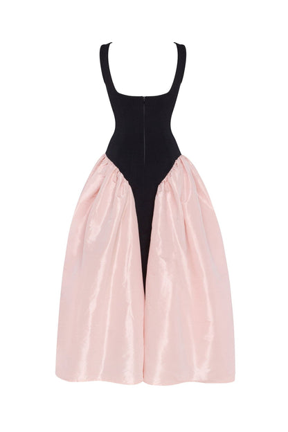BLACK CORSET DRESS ON STRAPS WITH A GLOSSY PINK MIDI SKIRT