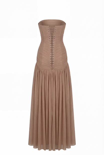 MAXI DRESS IN ITALIAN MESH WITH CORSET BODICE