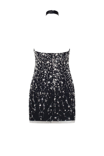 STRIKING HALTERNECK CRYSTAL-EMBELLISHED MINI DRESS, XO XO