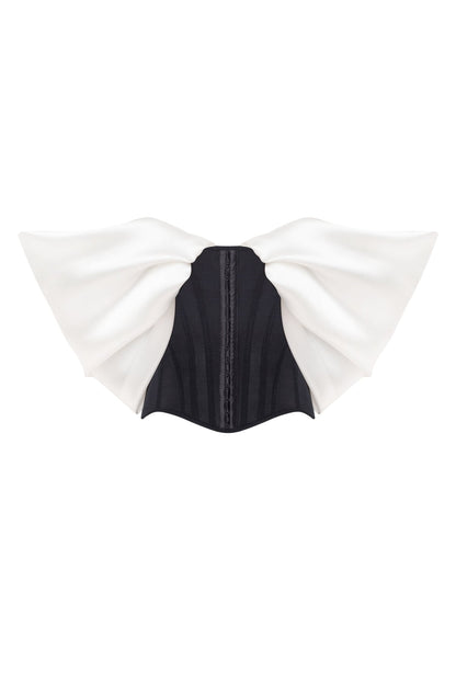 SOPHISTICATED BLACK FITTED CORSET WITH WHITE SATIN OFF-THE-SHOULDER SLEEVES, MIDNIGHT WALK