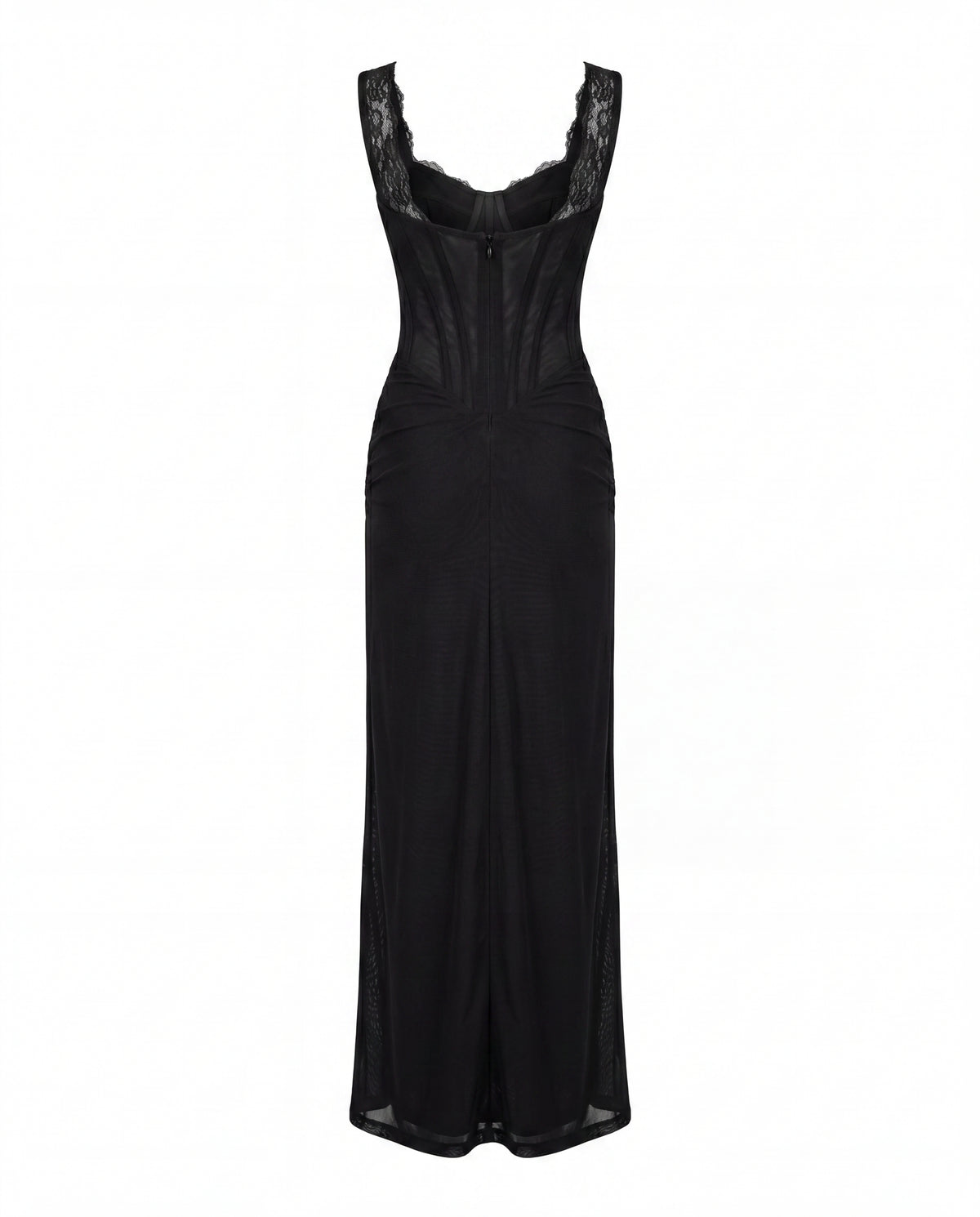 BLACK MAXI DRESS WITH CORSET BODICE AND SLIT