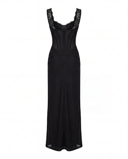 BLACK MAXI DRESS WITH CORSET BODICE AND SLIT