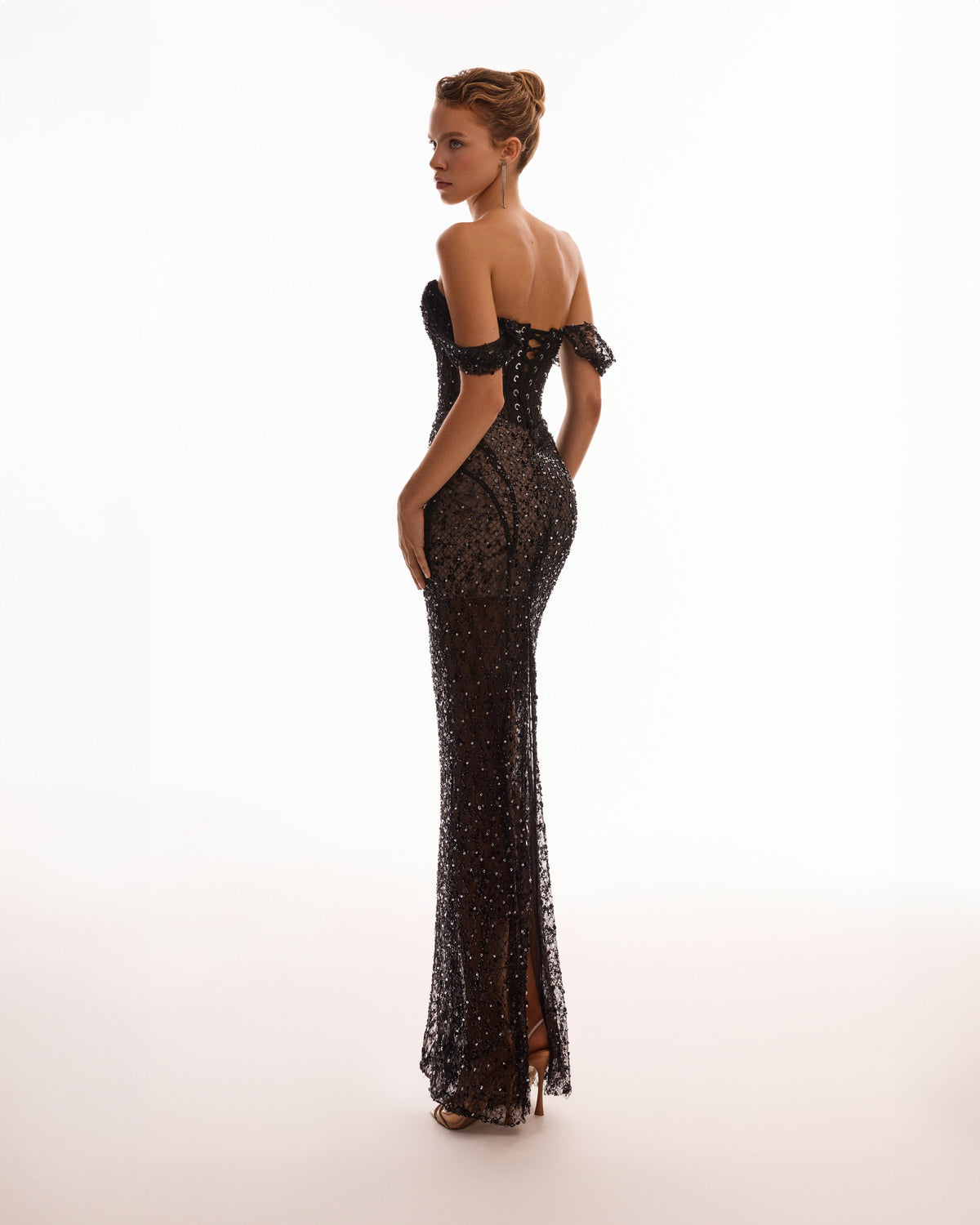 STRIKING BLACK SEQUINED FITTED MAXI DRESS, MIDNIGHT WALK