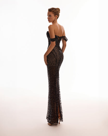 STRIKING BLACK SEQUINED FITTED MAXI DRESS, MIDNIGHT WALK