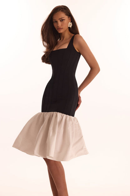 BLACK FITTED MAXI DRESS WITH WHITE PUFFY TIERED SKIRT, PARISIENNE