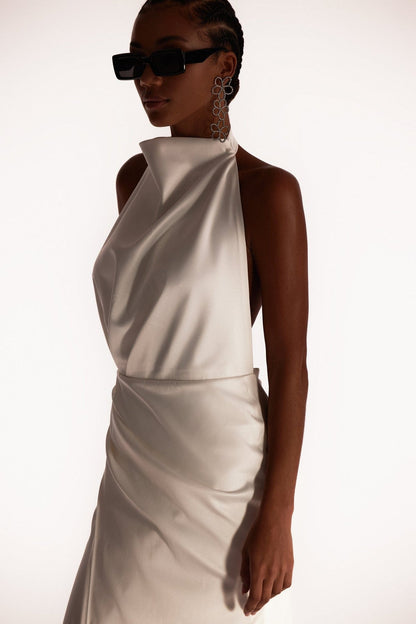 WHITE MOCK NECK SLEEVELESS LOW SLIT DRESS