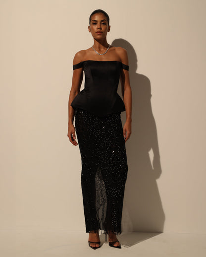 BLACK SATIN CORSET WITH OFF-THE-SHOULDER STRAPS