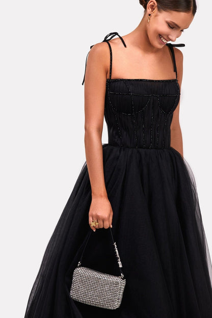BLACK TIE-STRAP COCKTAIL DRESS WITH THE ELEGANT CORSET EMBROIDERY