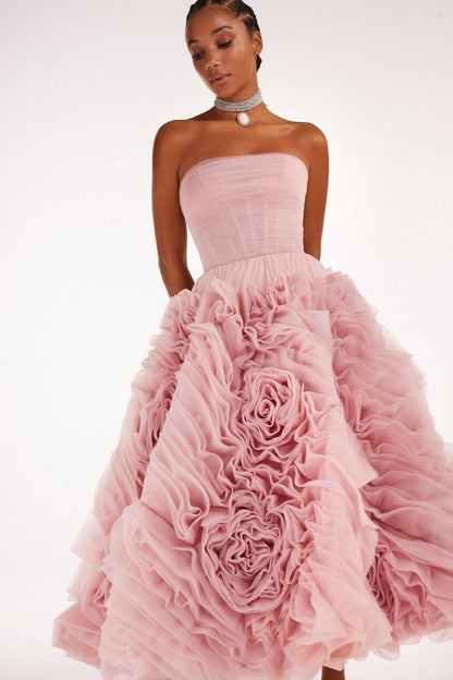 DRAMATICALLY FLOWERED TULLE DRESS IN MISTY PINK