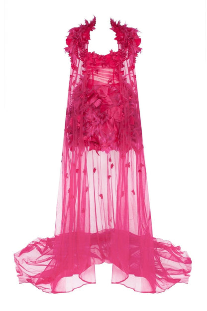 EPIC FUCHSIA TULLE MINI DRESS WITH FLORAL AND FEATHER APPLICATION