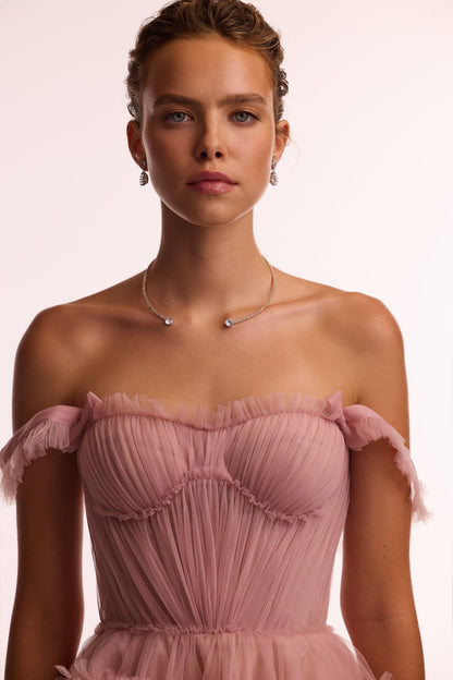 FLIRTY RUFFLED TULLE MINI DRESS IN MISTY ROSE, GLOW-UP