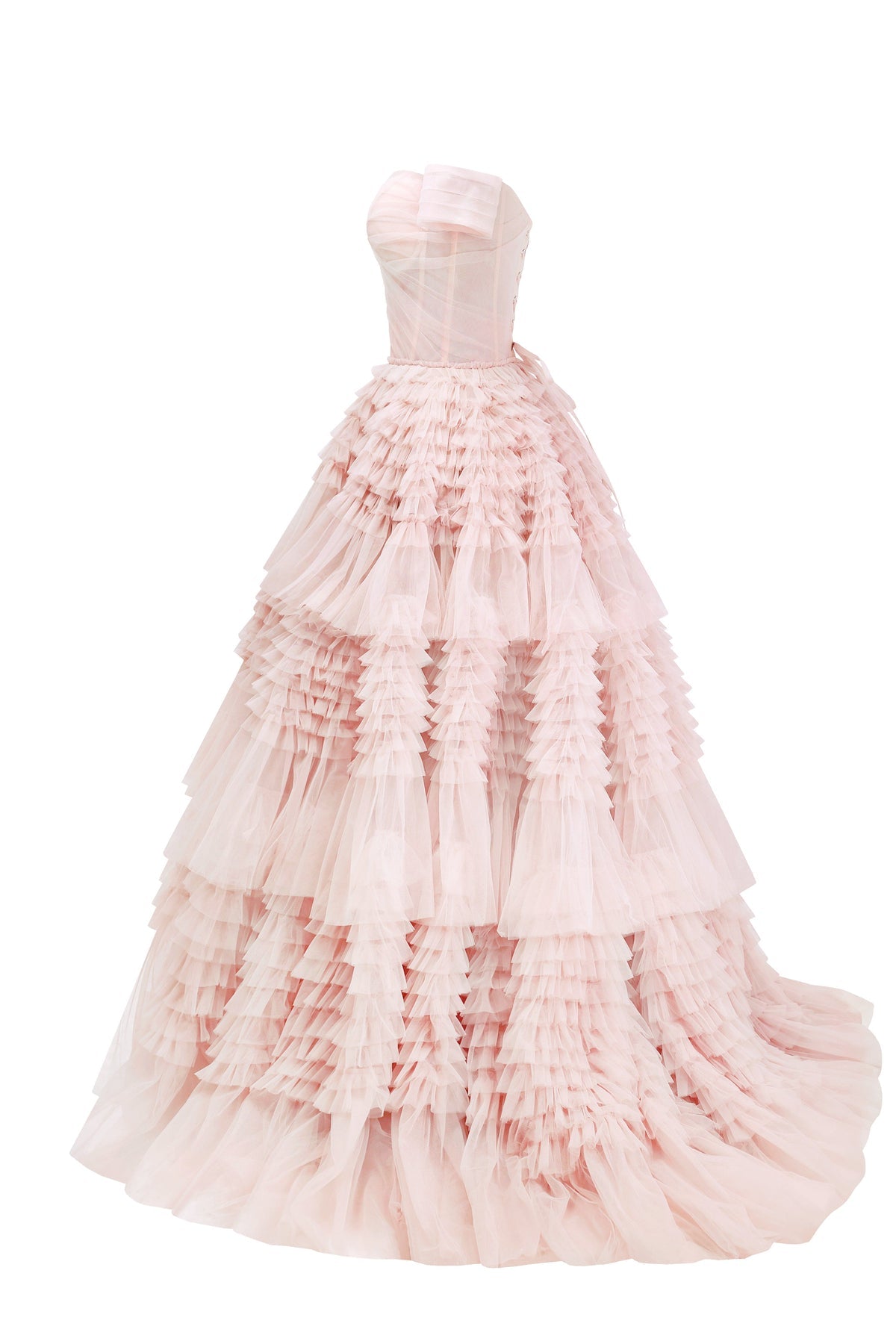 MISTY ROSE OFF-THE-SHOULDER FRILL-LAYERED GOWN