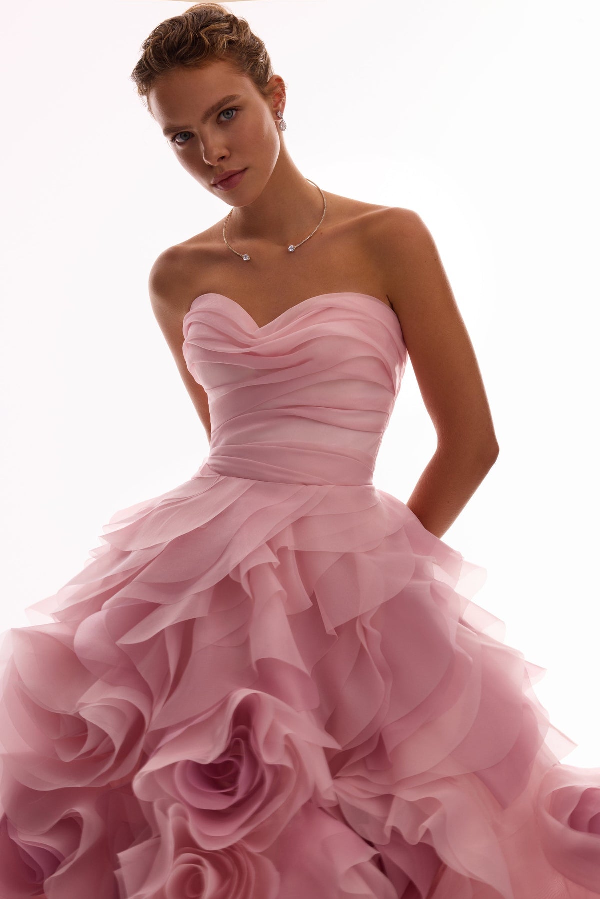 DRAMATIC FLOWERED ORGANZA MIDI DRESS IN MISTY ROSE, GLOW-UP