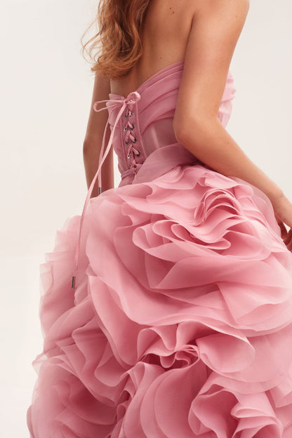 VOLUMINOUS ROSE APPLIQUES PINK MAXI DRESS, GARDEN OF EDEN