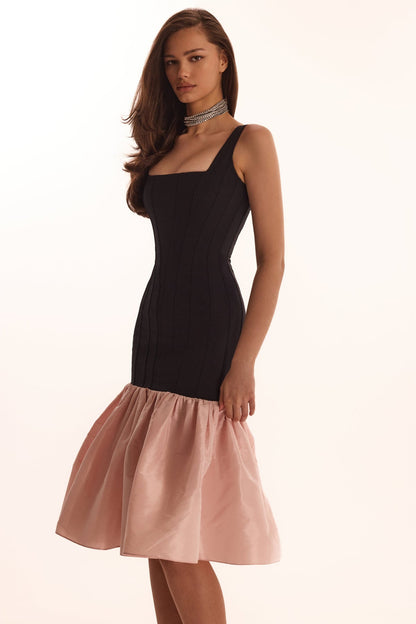 BLACK FITTED MAXI DRESS WITH PINK PUFFY TIERED SKIRT, PARISIENNE