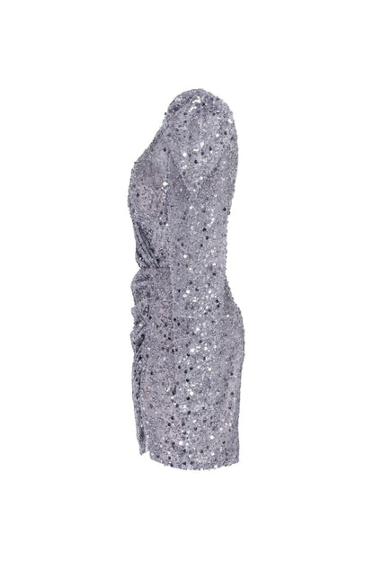 SILVER METALLIC LONG-SLEEVE SEQUINED MINI DRESS