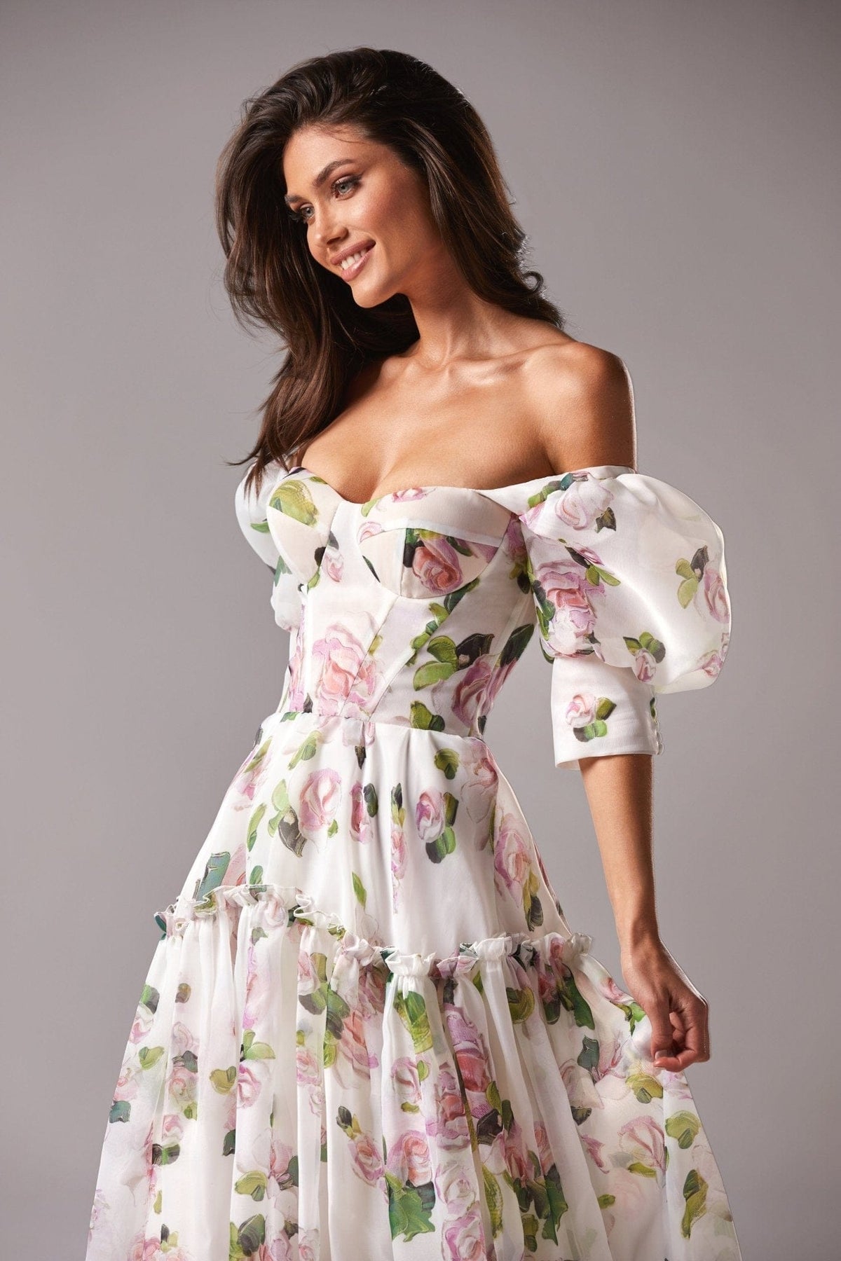 APPLE BLOSSOM FEMININE VOLUMINOUS SHEER SLEEVES DRESS