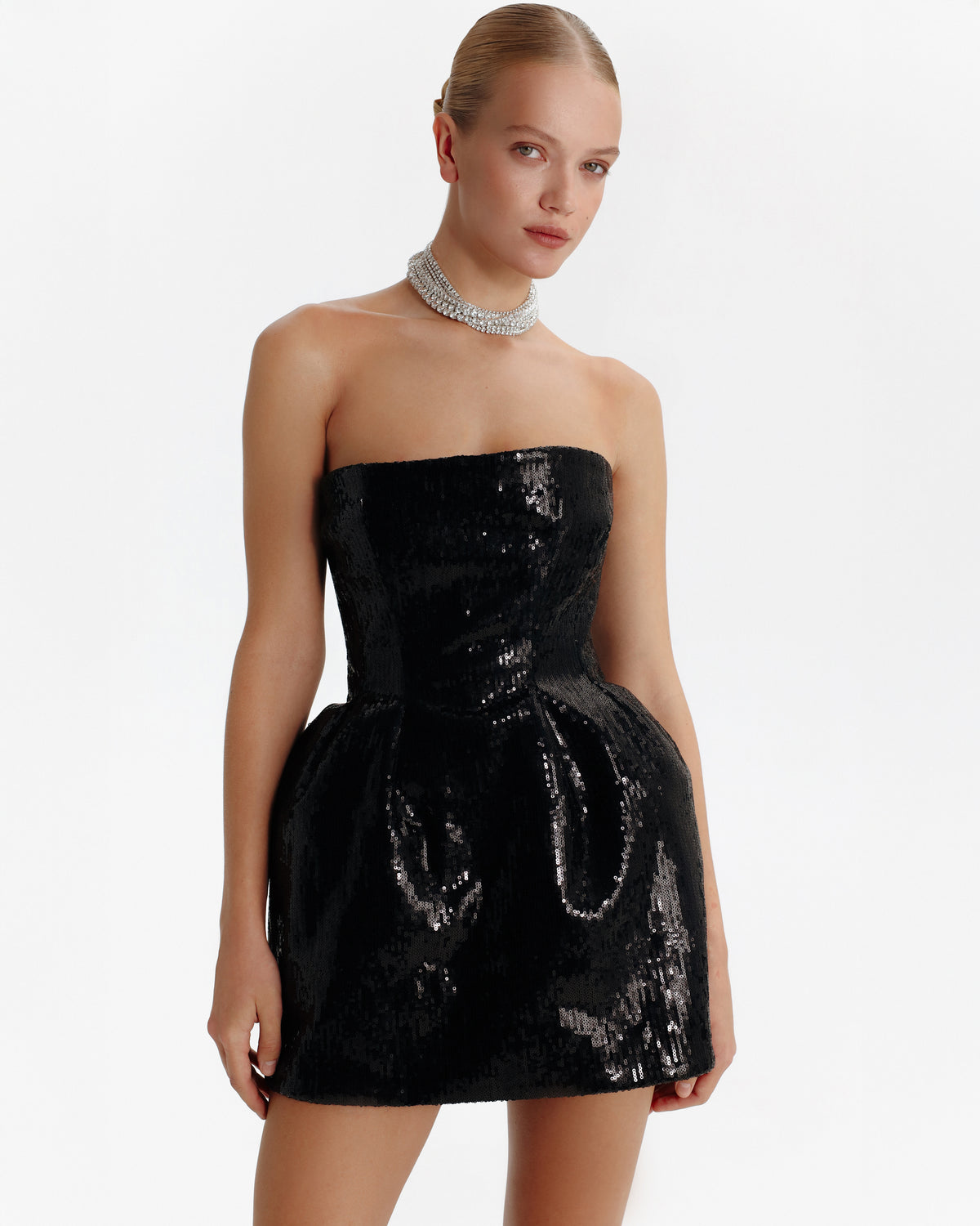 SCULPTED BLACK SHINY MINI DRESS