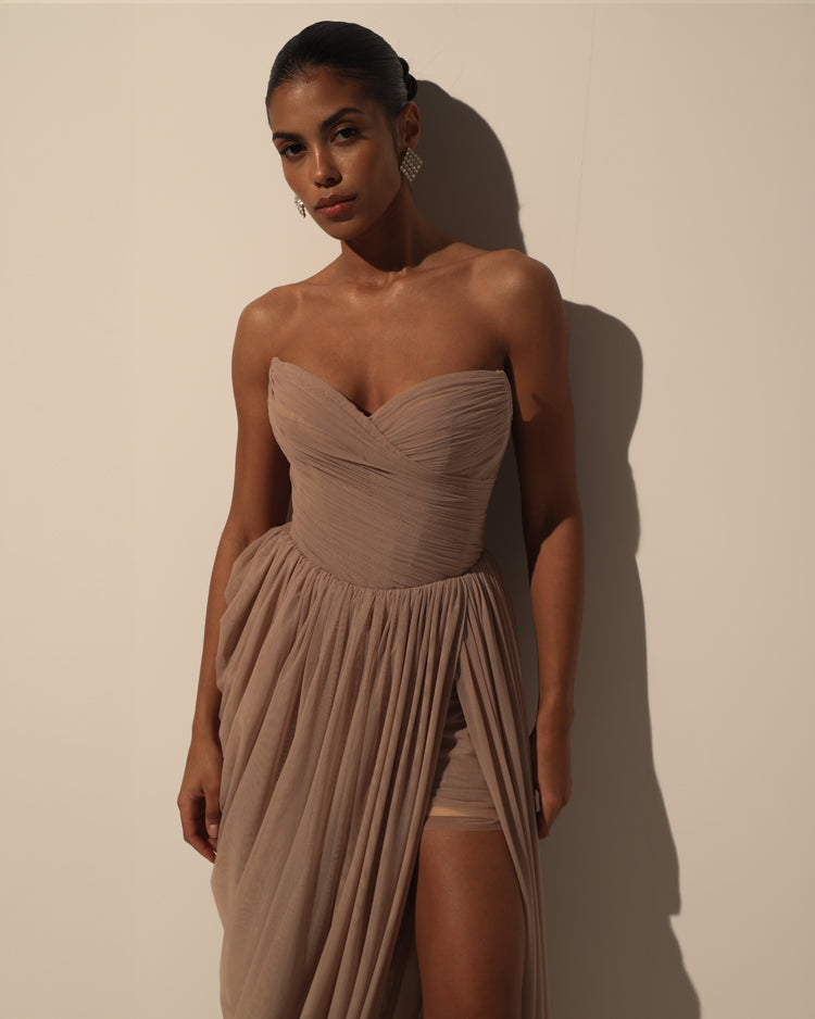 DRESS WITH CORSET BODICE AND DRAPING
