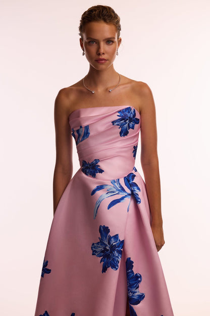DAINTY PINK A-LINE MAXI DRESS WITH BLUE-FLOWERED PATTERN, GLOW-UP