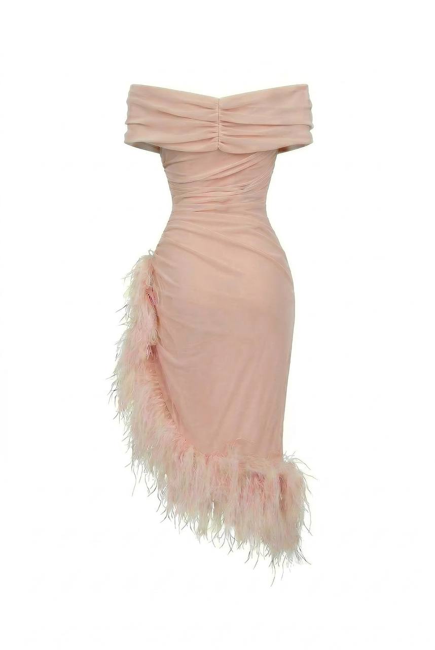 VELVET DRESS WITH FEATHERS