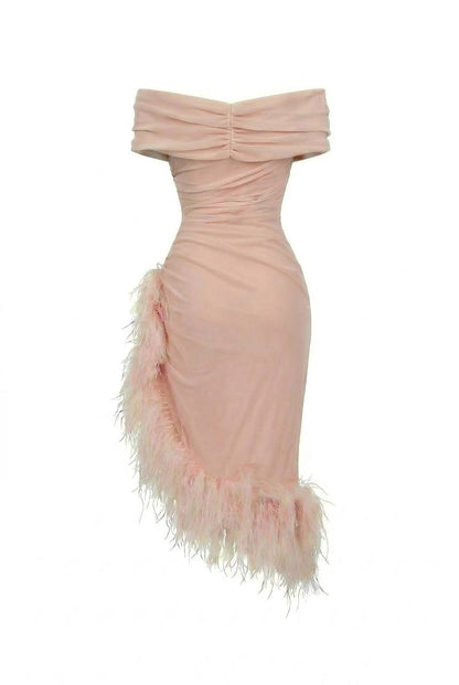 VELVET DRESS WITH FEATHERS