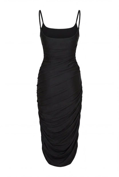 BLACK DRAPED MIDI DRESS