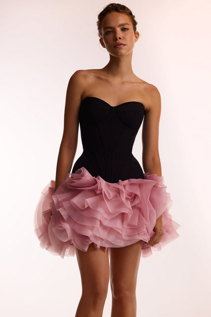 DANCEABLE MINI SKIRT WITH RUCHED FLOWER APPLIQUES IN PINK, MIDNIGHT WALK