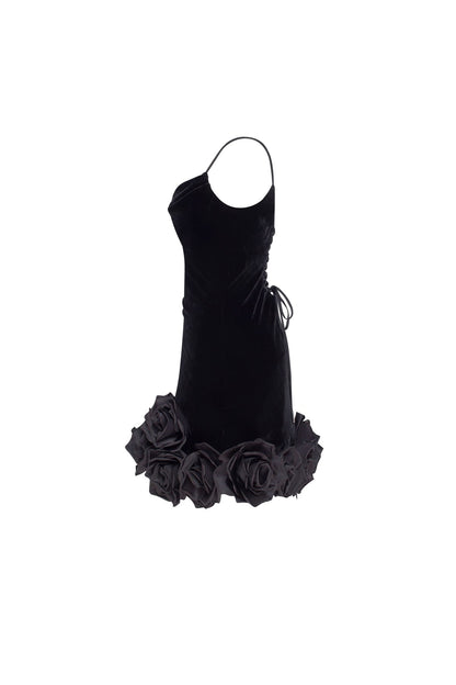 BLACK VELVET MINI DRESS WITH 3D FLOWERS