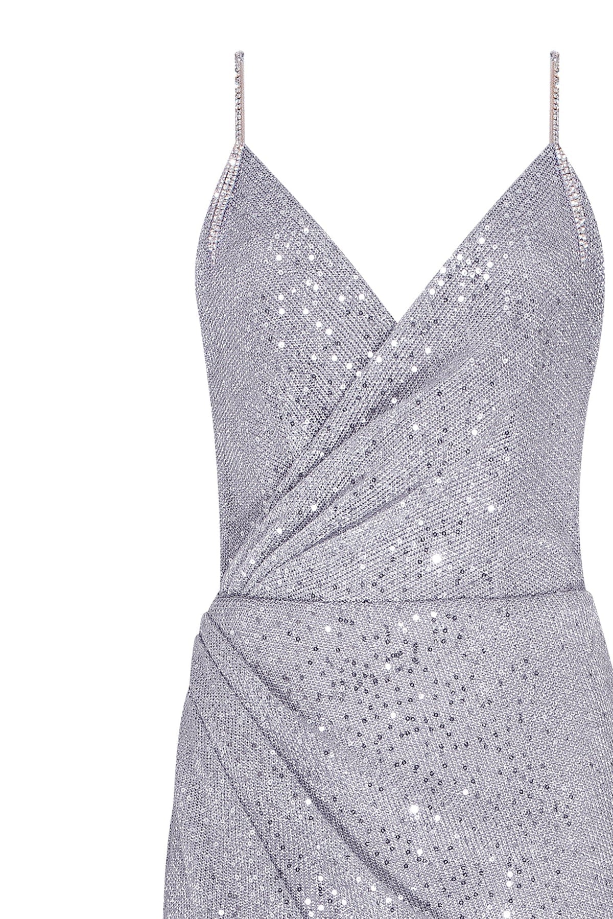 SPAGHETTI STRAPS SILVER SPARKLING WRAPPED MAXI DRESS