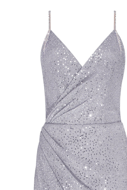 SPAGHETTI STRAPS SILVER SPARKLING WRAPPED MAXI DRESS