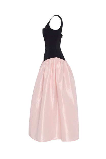 BLACK CORSET DRESS ON STRAPS WITH A GLOSSY PINK MIDI SKIRT