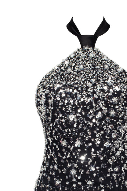 STRIKING HALTERNECK CRYSTAL-EMBELLISHED MINI DRESS, XO XO