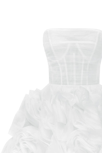 DRAMATICALLY FLOWERED TULLE DRESS IN WHITE