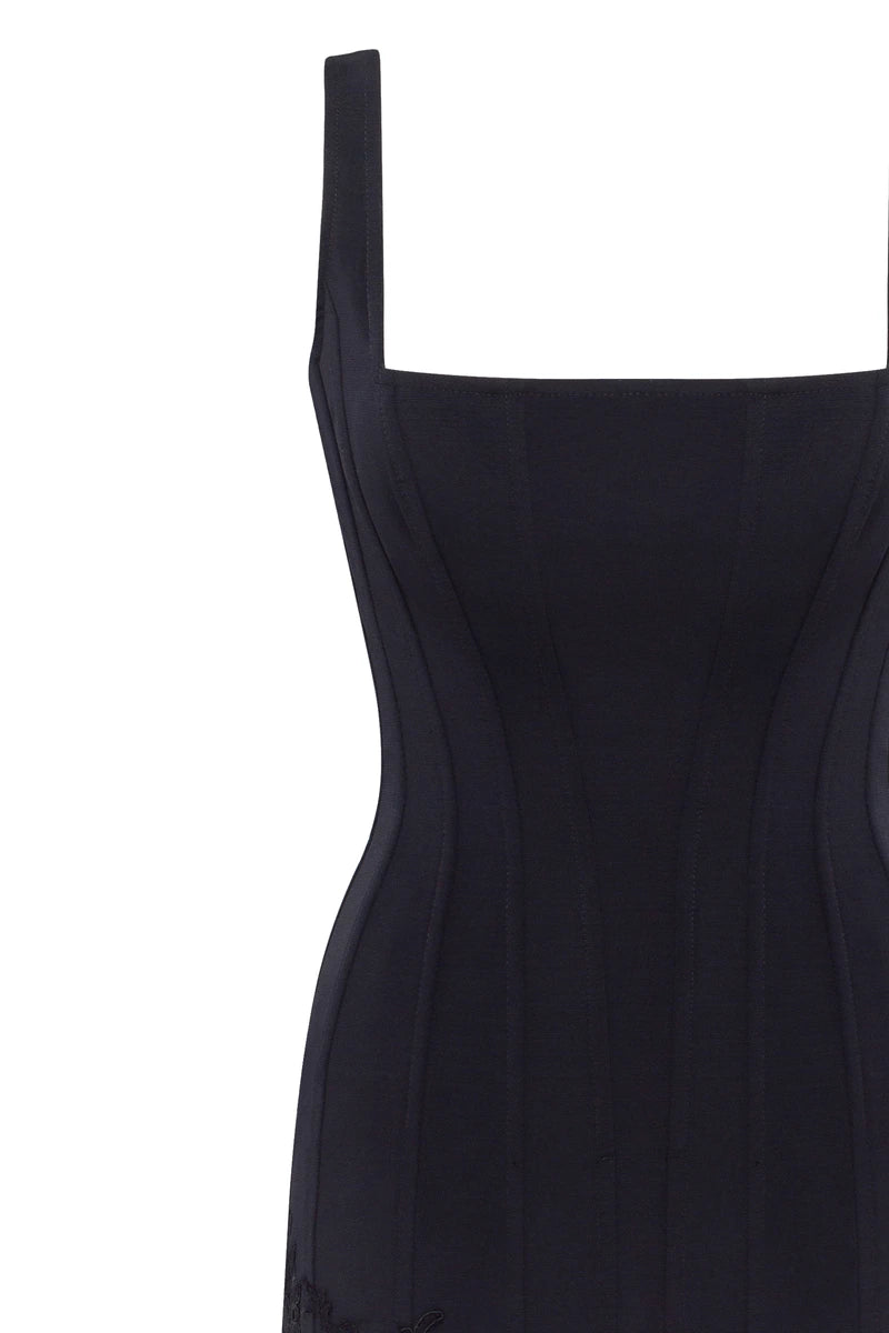 SULTRY BLACK CORSET MINI DRESS WITH LACE HEM, PARISIENNE