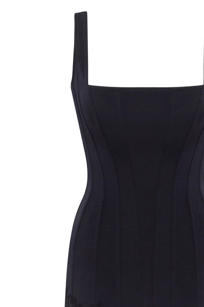 SULTRY BLACK CORSET MINI DRESS WITH LACE HEM, PARISIENNE