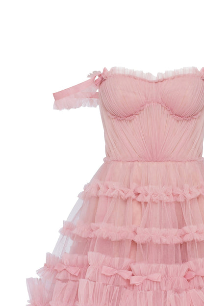 FLIRTY RUFFLED TULLE MINI DRESS IN MISTY ROSE, GLOW-UP
